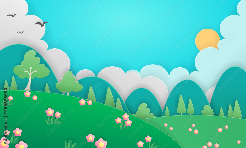 Paper-cut art style natural scenery paintings, colorful illustrations. Paper-cut art style natural scenery paintings, colorful illustrations.
