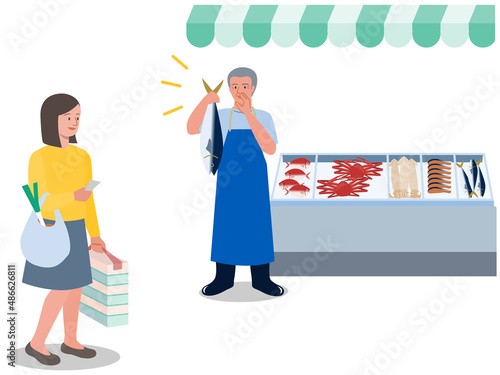 買い物中の主婦に声をかける魚屋さんのベクターイラスト