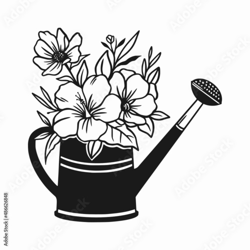 watering can with flower vector, watering can design illustration, garden tool  icon