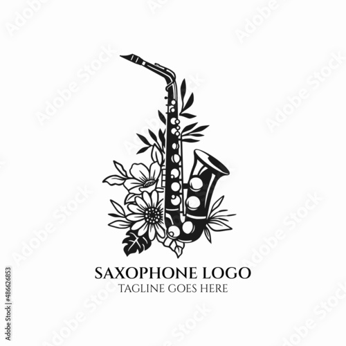 Saxophone logo design, saxophone with flower logo, musical instrument vector, jazz club icon