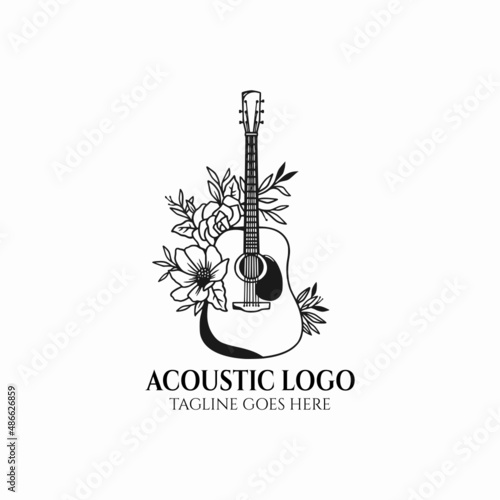 acoustic guitar vector illustration, guitar logo, instrument music icon, acoustic guitar logo with flower
