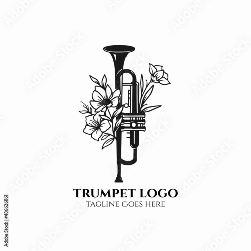 Trumpet logo, trumpet girl with flower vector, jazz musical icon illustration