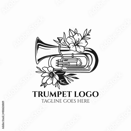Trumpet logo vector, beauty trumpet with flower icon