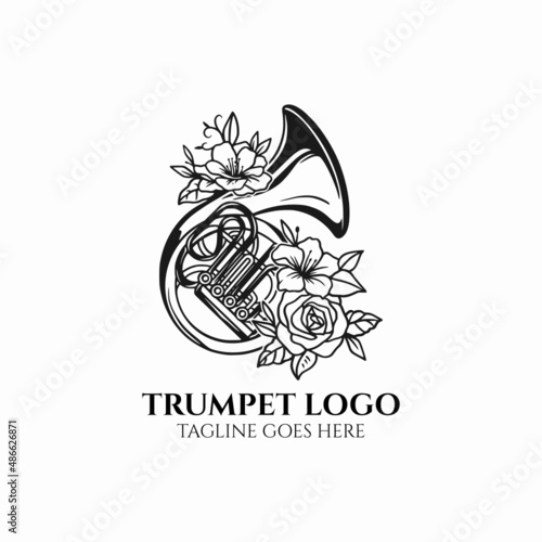 Horn logo, french horn illustration, trumpet with flower vector