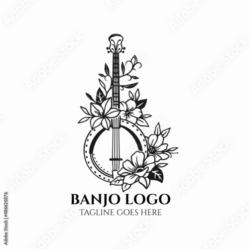 banjo vector logo, banjo with flower design, orchestra musical illustration