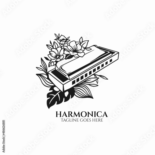 Harmonica logo icon, harmonica vector with flower illustration