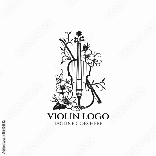 Violin logo, musical instrument vector, violin with flower icon 