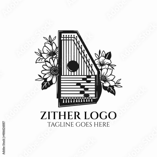 zither logo vector, zither with flower icon, orchestra instrument illustration photo