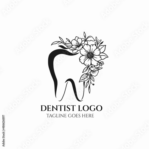 dentist logo vector, dental tooth with flower icon, dentist design illustration