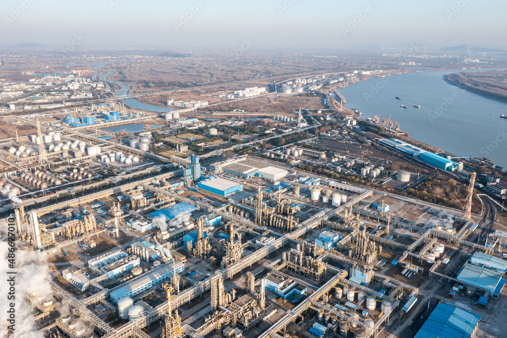 Aerial view of twilight of oil refinery Aerial view of twilight of oil refinery