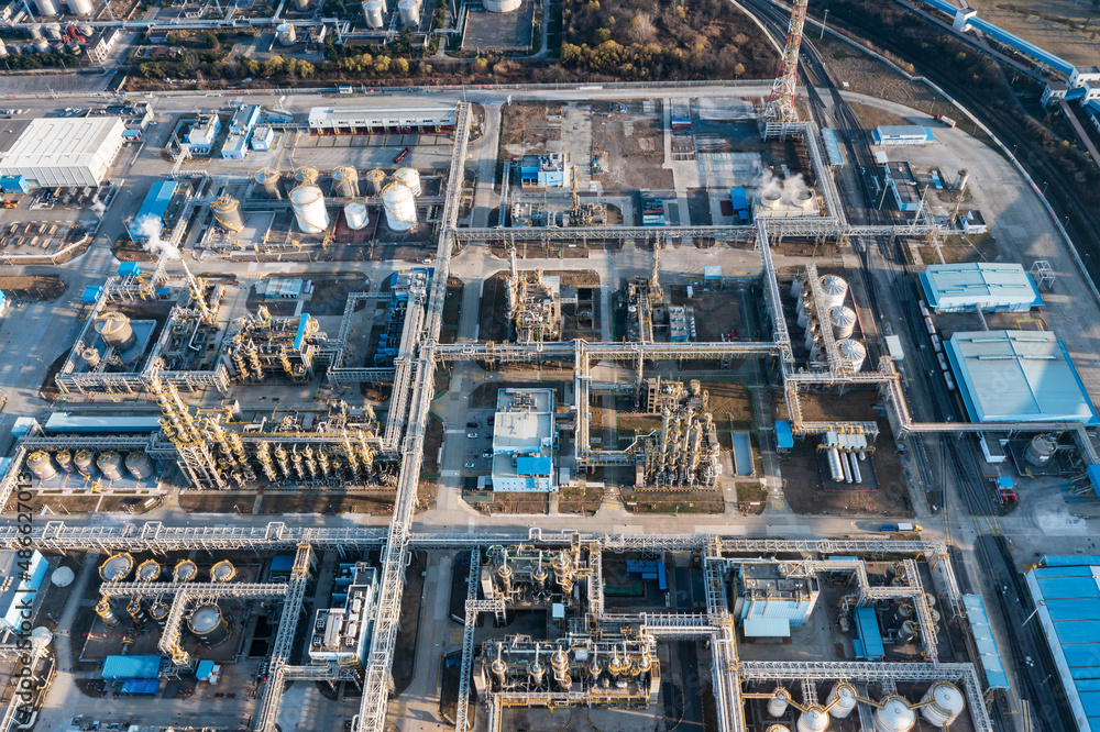 Aerial view of twilight of oil refinery Aerial view of twilight of oil refinery
