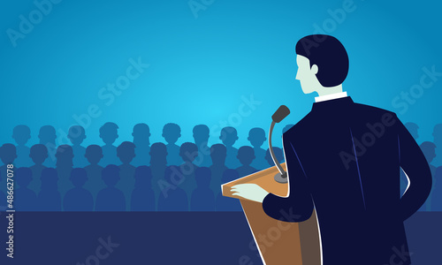 Speaker person making speech on stage, politician doing public communication on podium to his people