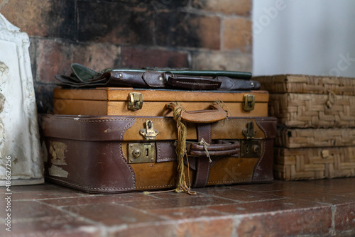 Close-up of vintage luggage suitcases photo