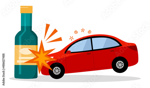 Drunk driver make car accident concept vector illustration. Car crash with beer bottle in flat design on white background.