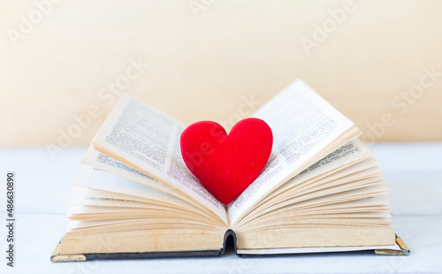 Love heart on old book with space on blurred background, wedding, love and romance symbol