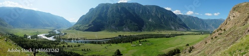 Chulyshman the valley. Forest, mountains in the background. Panorama. Altai, Russia.