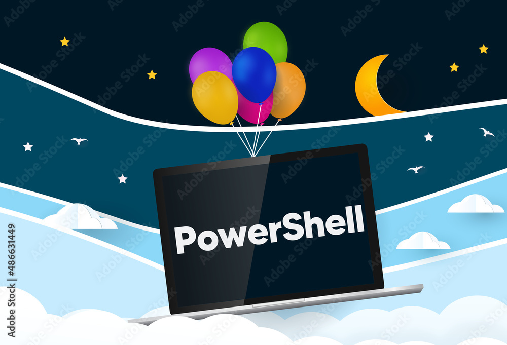 PowerShell programming language... Balloons carries laptop with word PowerShell
