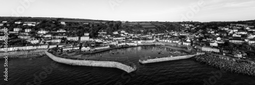 Mousehole Fishing Village Harbour Aerial black and white photo