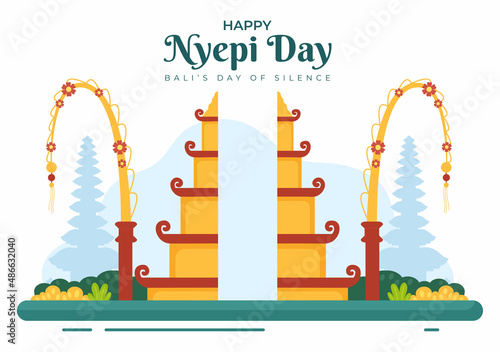 Happy Nyepi Day or Bali's Silence to Hindu Ceremonies in the Background of the Temple or Pura Illustration Suitable for Poster