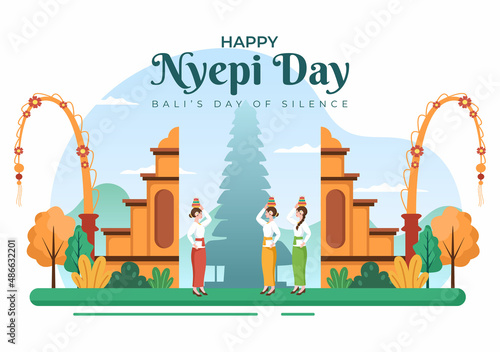 Happy Nyepi Day or Bali's Silence for Hindu Ceremonies in Bali with Galungan, Kuningan and Ngembak Geni in Background of the Temple Illustration
