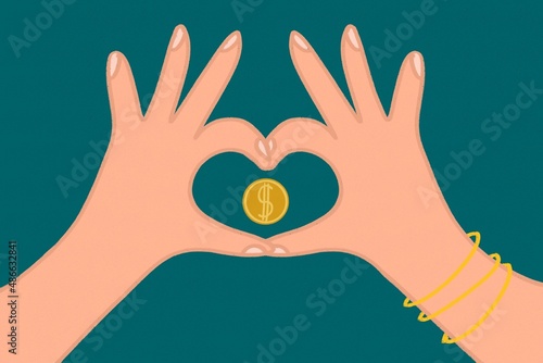 Heart shaped hands with money coin photo
