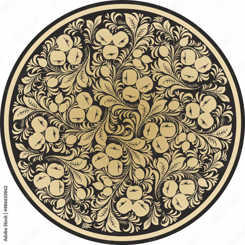 Vector round golden Russian national ornament Khokhloma. Fruit and berry ethnic, Slavic drawing of Russia.
