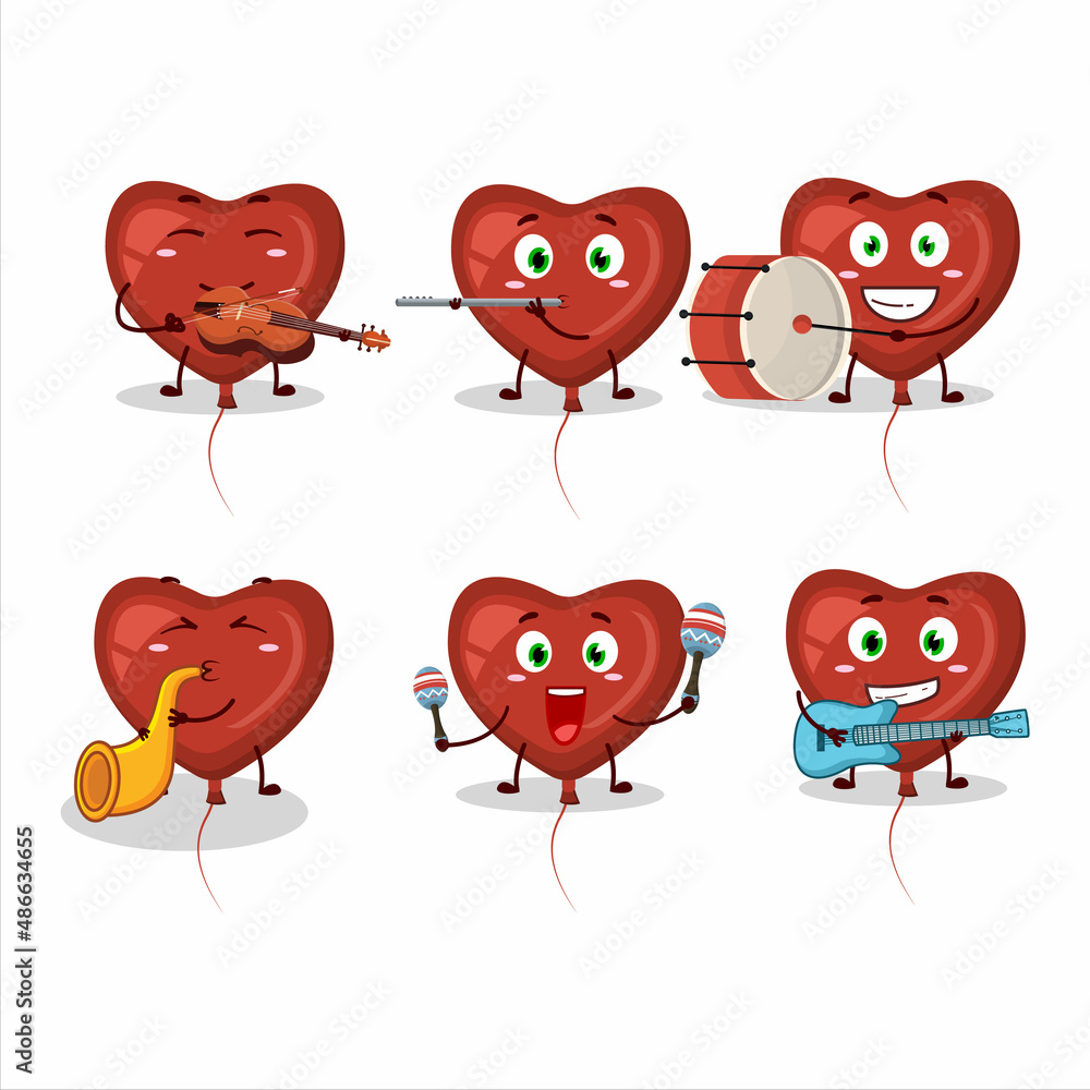 Cartoon character of red love balloon playing some musical instruments Cartoon character of red love balloon playing some musical instruments