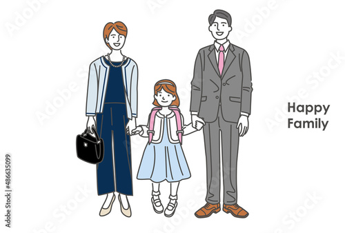 小学校の入学式を迎える娘と親子3人の記念写真風のイラスト