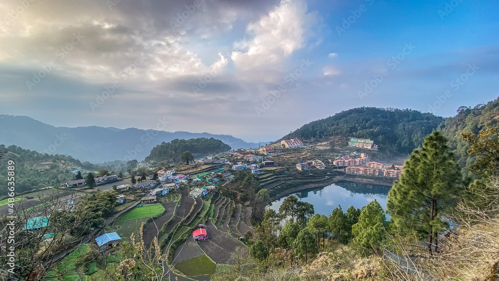 A morning view of the Khurpatal lake and Village from the Mansa Devi Temple