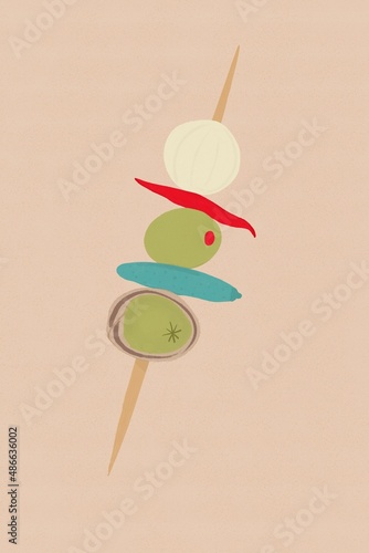 Aperitif with olives in a toothstick illustration