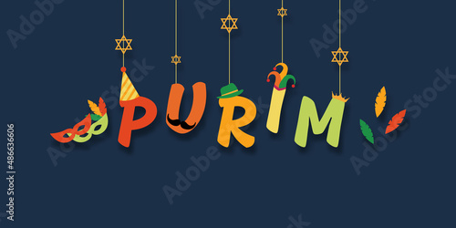 Purim carnival and festival concept. Colorful Purim hanging on dark blue background with hat, crown, fancy mask, David star for greeting card, banner, website. Jewish holiday.