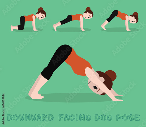 Yoga Tutorial Downward Facing Dog Pose Cute Cartoon Vector Illustration