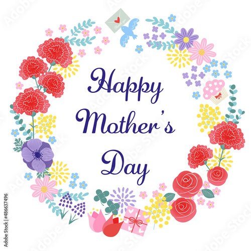 母の日のイラスト　カラフルな花とプレゼントの飾り