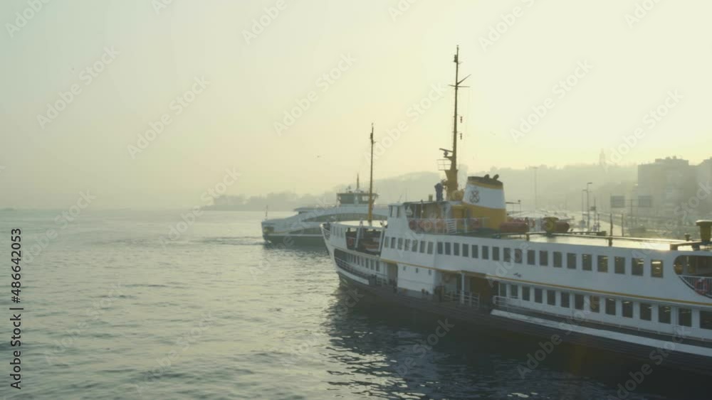 Classic Istanbul passenger ferry docked at Karaköy pier.Seagulls flying ...