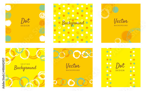 水玉・丸の手書き風あしらい／正方形フレーム・背景／オレンジ・イエロー（サンプル文字入り）