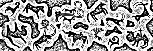 Panel on the ethnic theme. A series of petroglyphs, rock paintings, vector design. 