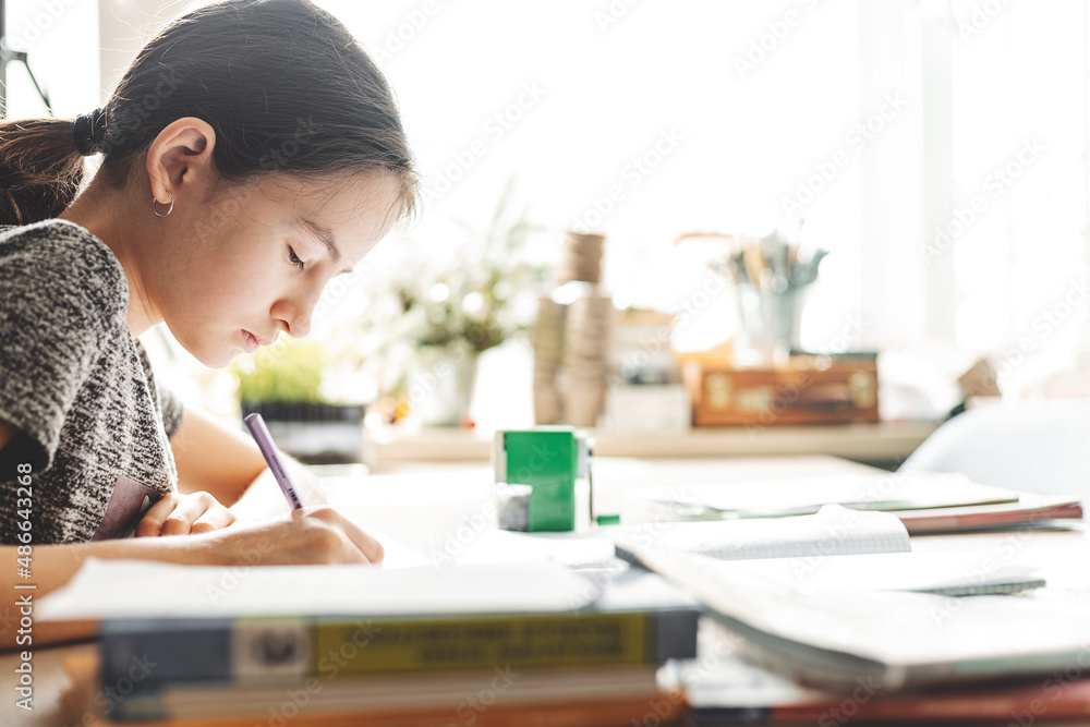 Teenage girl doing homework for school. Portrait of a pretty concentrated girl. Sunny day environment. Side view. Home schooling. Social distancing. Copy space. Life style. Soft focus