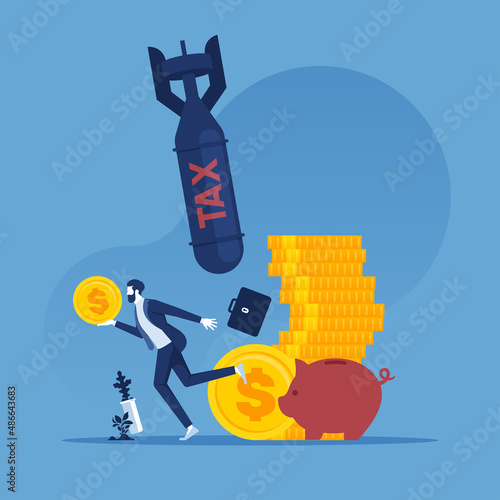 businessman who carry money coin run away from dropping tax bombs. Business financial concept