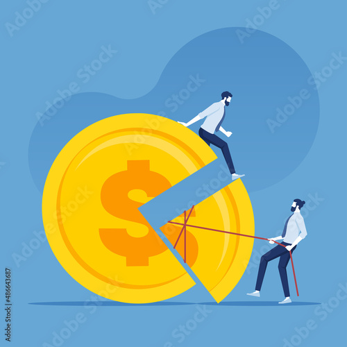 Business market share competition concept, Two business persons dividing the coin