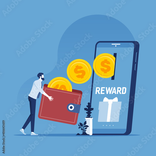 Cash back loyalty program concept. Vector of customers getting rewards and gifts from online shopping