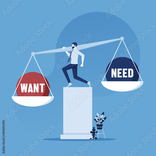 Businessman balancing between need and want, Business concept