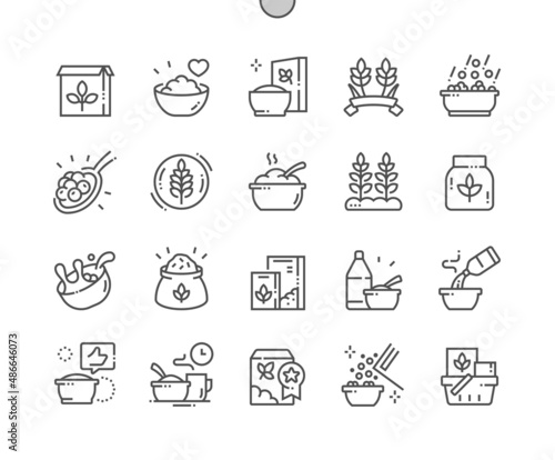 Cereals. Healthy food. Breakfast. Best product, granola, oatmeal. Food shop, supermarket. Menu for restaurant and cafe. Pixel Perfect Vector Thin Line Icons. Simple Minimal Pictogram