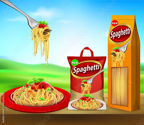 spaghetti on a plate Placed on a natural brown ground floor and packed with spaghetti.