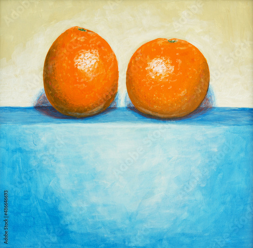 A straightforward painting of two oranges.