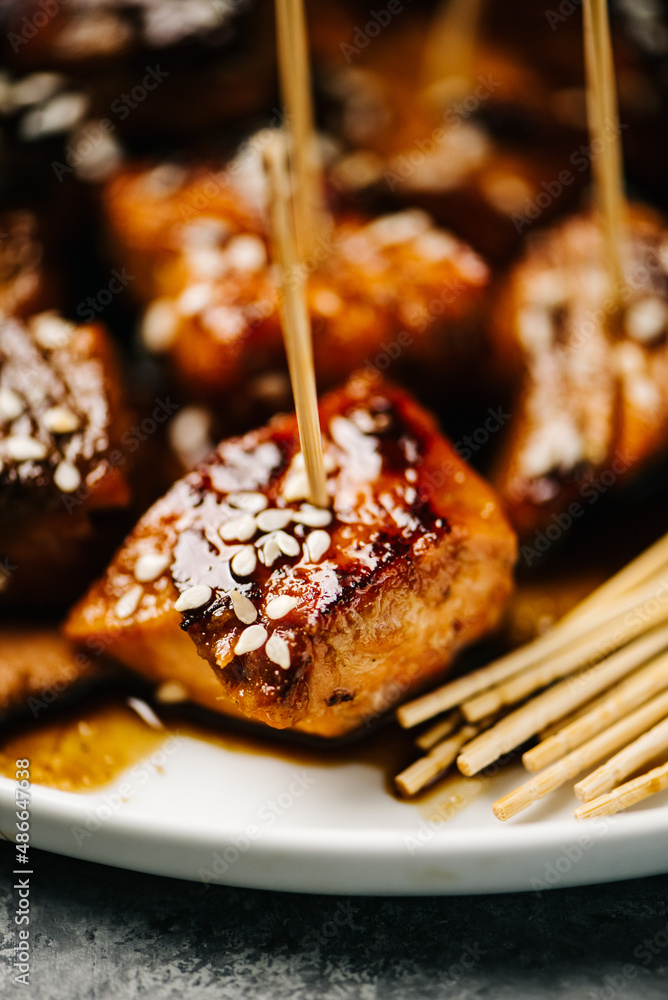 Teriyaki Salmon Bite Closeup Teriyaki Salmon Bite Closeup