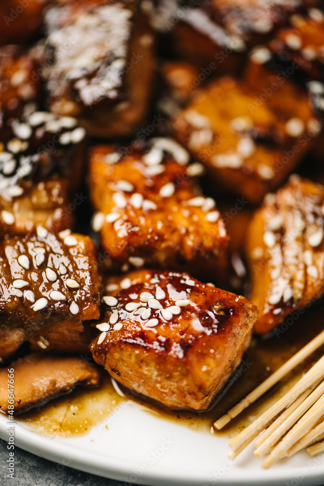 Teriyaki Salmon Bites Close-up Teriyaki Salmon Bites Close-up
