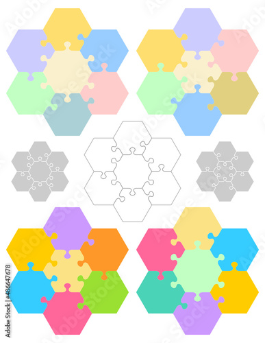 Hexagonal jigsaw puzzle templates, patterns, pieces
