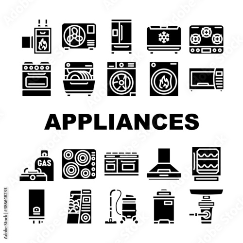 Appliances Domestic Technology Icons Set Vector. Refrigerator And Freezer Kitchen Appliance, Oven And Stove, Washer And Dryer Electronic Household Equipment Glyph Pictograms Black Illustrations
