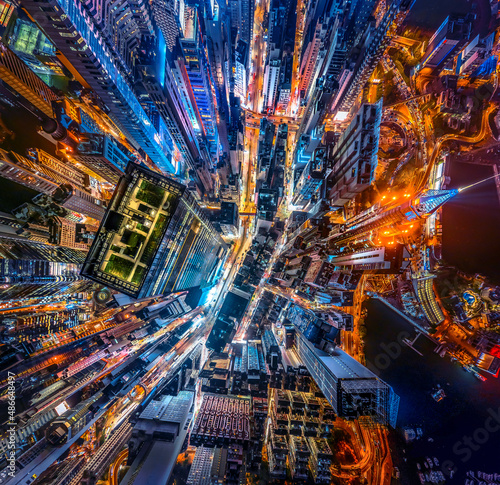 Hong Kong Skylines at night from aerial view	
