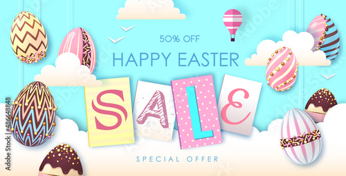 Holiday Easter background with colorful easter eggs and clouds. Easter sale poster. Vector illustration